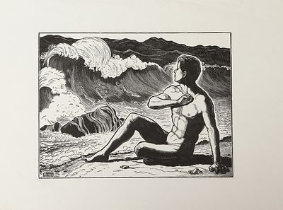 Аллендорф М.А. На морском берегу. 1967. Бумага, ксилография, 14,8х19,7 см - оттиск, 22,3х30 см 