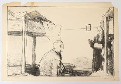 Гончаров А.Д. Беседа в госпитале. 1940-е. Бумага, автолитография, 27,2х40 см. Под оттиском 