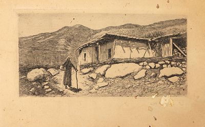 Добров М.А. Автограф. Сакля в горах. 1943. Бумага, офорт, 6,7х13 см - оттиск, 10х36 см. Гравюра 