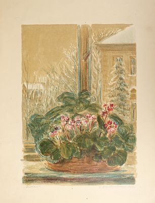 Думаревская К.Н. Зимой. Цветы на окне. 1956. Бумага, цветная автолитография, 38,5х28 см - 