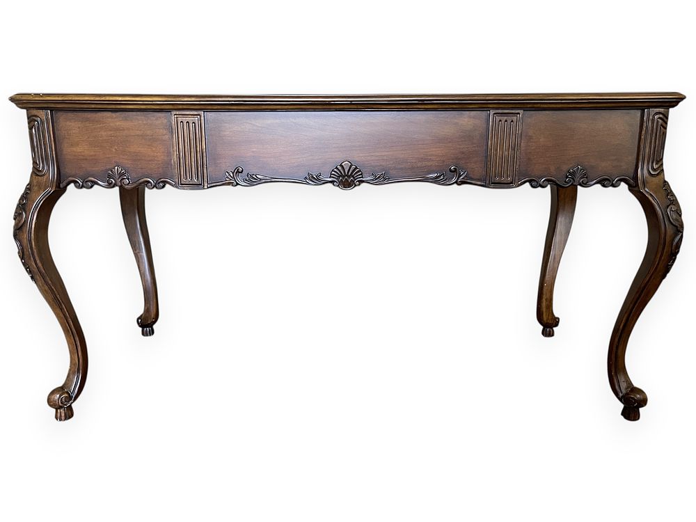 French Provincial Style Carved Dark-Stained Wood Desk or Console Table. 61 x 32 x 26 This piece 