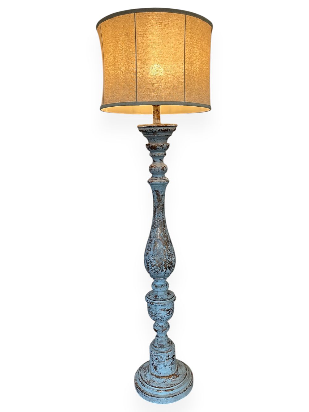A Rustic Distressed Blue/Grey Spindle Floor Lamp. 18 x 66 
A floor lamp featuring a heavily 