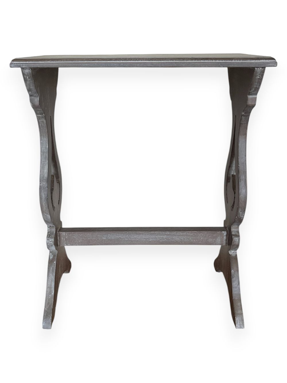 A French Country Style Distressed Grey Side Table. 20 x 24 x 11 
A small, rectangular wooden 