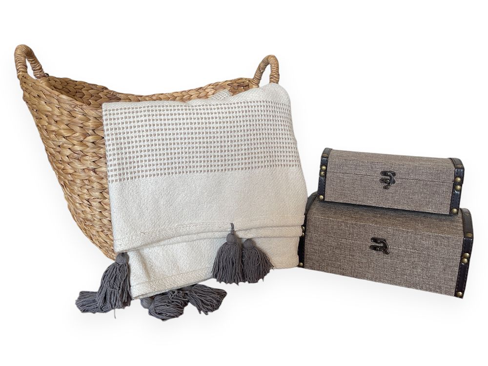 A Collection of Contemporary Home Accessories, including a Woven Basket, Turkish-Style Throw 