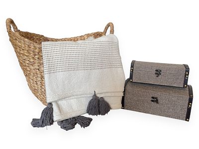 A Collection of Contemporary Home Accessories, including a Woven Basket, Turkish-Style Throw 
