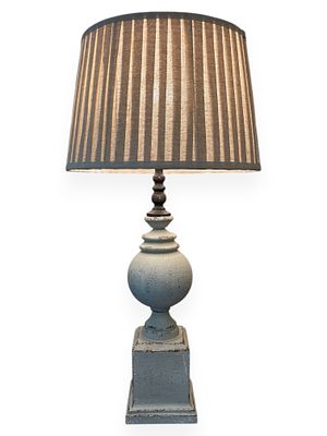 A Distressed Blue-Grey Farmhouse Style Table Lamp with Pleated Shade. 15 x 33 A single table 