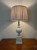 A Distressed Blue-Grey Farmhouse Style Table Lamp with Pleated Shade. 15 x 33 
A single table Image - 1