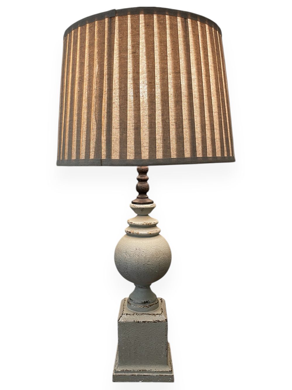 Distressed Grey Baluster Table Lamp with Striped Fabric Shade. 15 x 33 
A decorative table lamp 