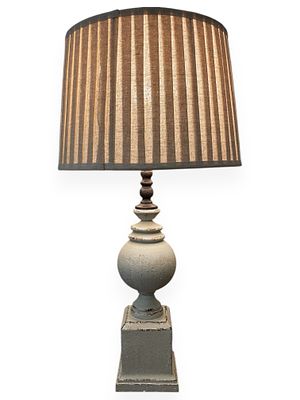 Distressed Grey Baluster Table Lamp with Striped Fabric Shade. 15 x 33 A decorative table lamp 