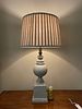 Distressed Grey Baluster Table Lamp with Striped Fabric Shade. 15 x 33 
A decorative table lamp Image - 1