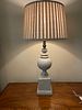 Distressed Grey Baluster Table Lamp with Striped Fabric Shade. 15 x 33 
A decorative table lamp Image - 2