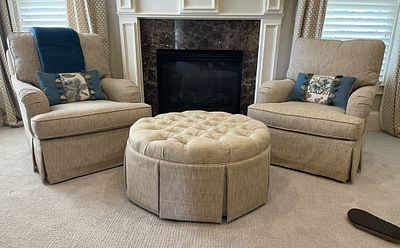 A Sam Moore Three-Piece Upholstered Living Room Set, Contemporary. 35 x 18 ottoman 33 x 34 x 35 