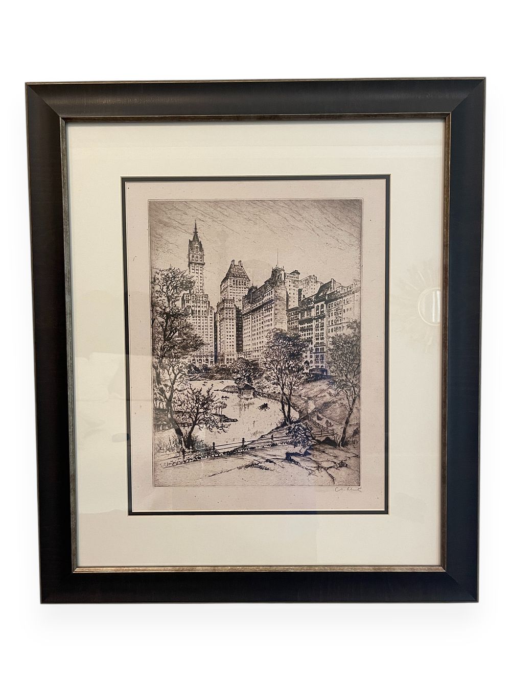 Signed Etching of a New York City Park Scene, Circa 1904. 23.5 x 28 An early 20th-century 