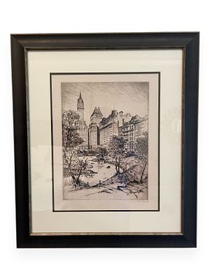 Signed Etching of a New York City Park Scene, Circa 1904. 23.5 x 28 An early 20th-century 