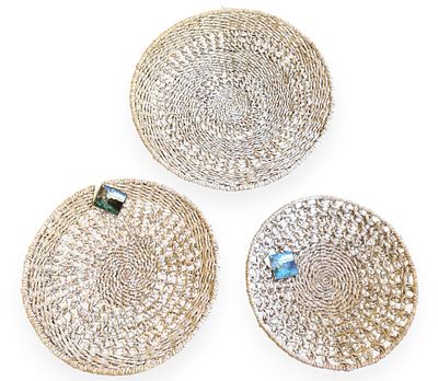 Three Contemporary Hand-Woven Natural Fiber Wall Decor Plaques, Philippines. A set of three 