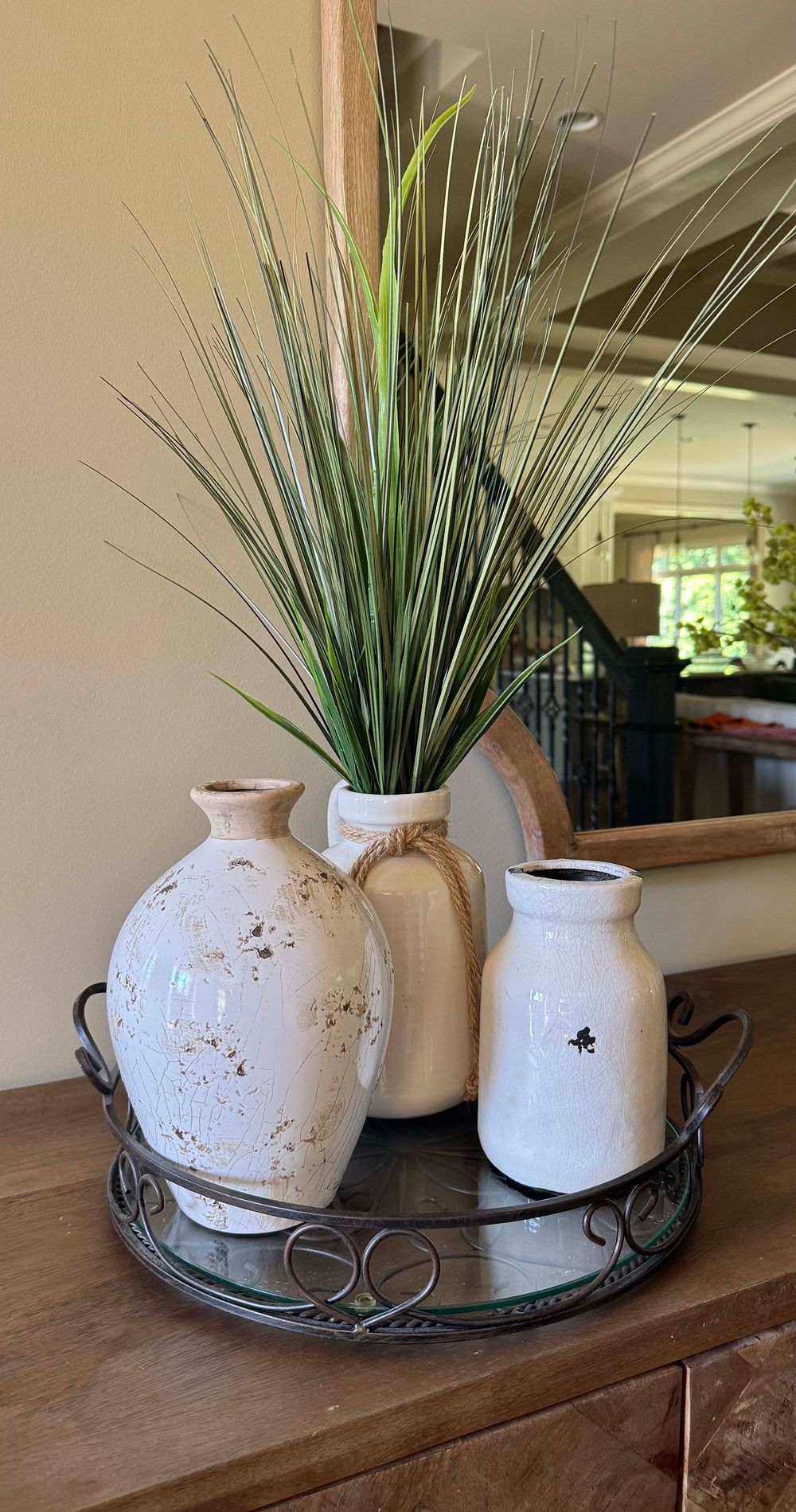 A Group of Four Rustic-Style Decorative Items, Comprising Three Ceramic Vases and a Wrought 
