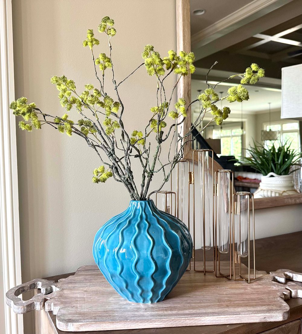 A Modern Turquoise Ceramic Vase and a Set of Five Gold-Tone Framed Glass Vessels. The lot 