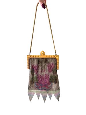 Whiting & Davis Art Deco Gilt-Toned Enameled Mesh Purse with Floral Design. A Whiting &amp; 