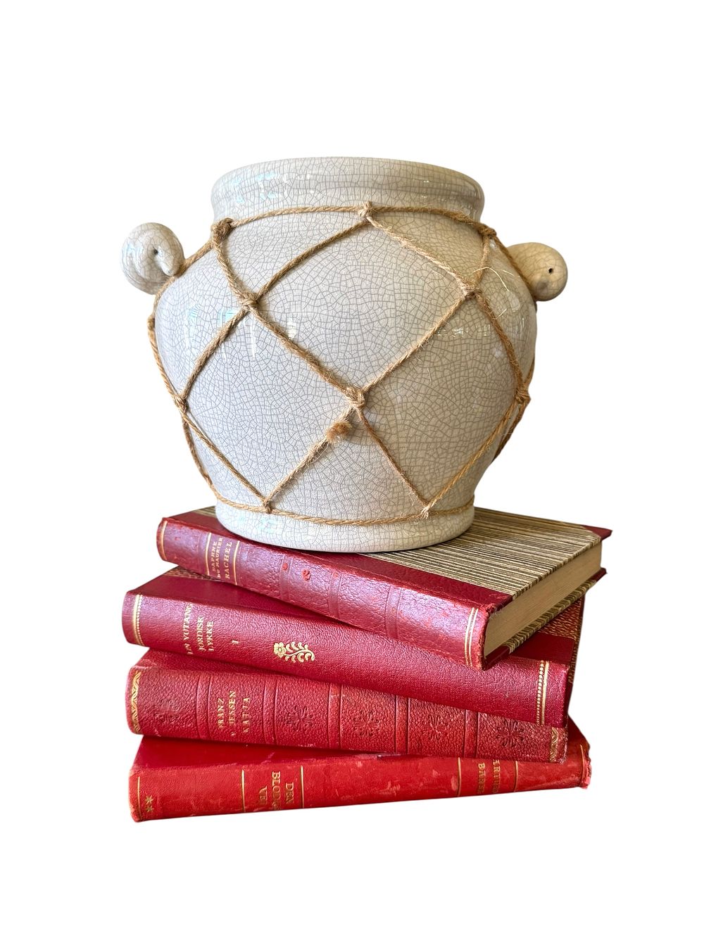 A Ceramic Crackle-Glazed Vase with Twine Netting, displayed with a Group of Bound Books. A light 
