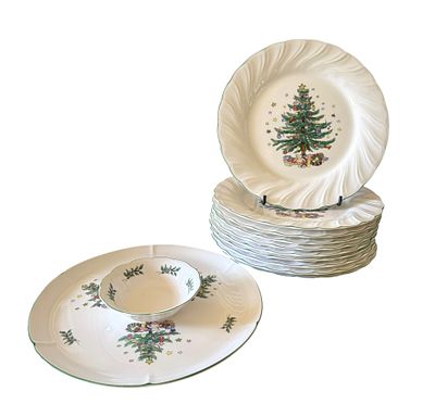 A Set of Nikko 'Happy Holidays' Dinner Plates and Serving Platter with Dip Bowl. A set of Nikko 