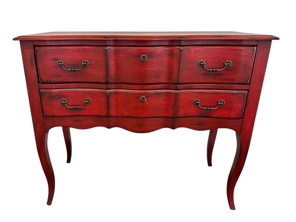 A French Provincial Style Distressed Red Bombe Commode with Two Drawers. A bombe-front chest of 