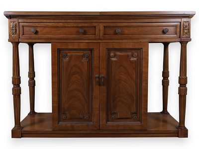 Thomasville Brown Wooden Sideboard with Two Drawers and Cabinet Doors. A brown wooden 