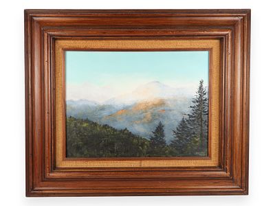 Framed Mexican Oil Painting, Mountain Landscape. A framed oil painting depicting a mountain 