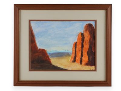 Framed Watercolor Desert Landscape Painting, Signed. A framed watercolor painting of an orange 