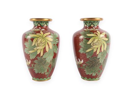 A Pair of Made in China Cloisonné Floral Vases. A pair of cloisonné vases, approximately 4 