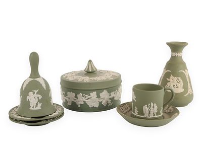 A Seven-Piece Collection of Wedgwood Sage Green Jasperware. A seven-piece collection of sage 
