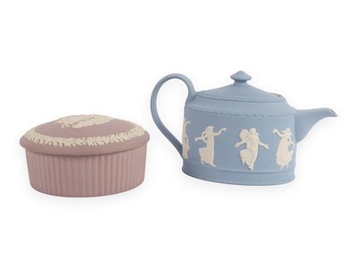 Pair of Wedgwood Jasperware 'Dancing Hours' Items. A mauve lidded round box with cream relief 