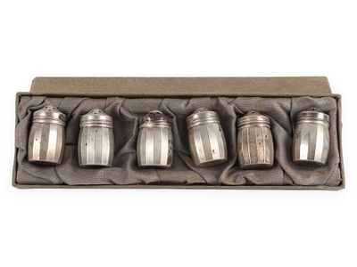Six Sterling Silver Salt and Pepper Shakers in Box. Six silver-colored sterling salt and pepper 