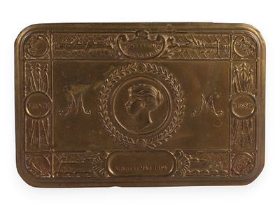1914 Princess Mary Christmas Gift Box. A brass-colored metal box, known as a Princess Mary 