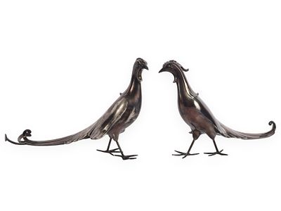 Pair of Weidlich Bros. Silver Plate Pheasant Figurines. A pair of silvery-bronze bird figurines 