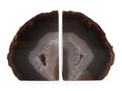 A Pair of Brazilian Agate Geode Bookends. A pair of dark brown/grey and white geode bookends 