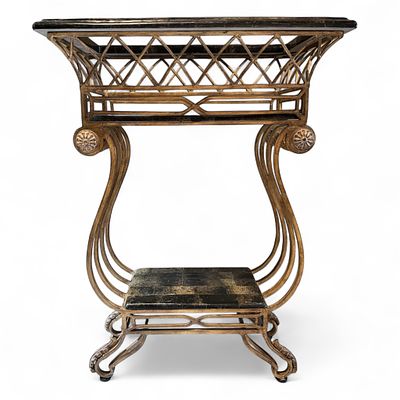 Ornate Gold-Tone Wrought Iron Console Table. A console table with a gold/bronze-tone ornate 