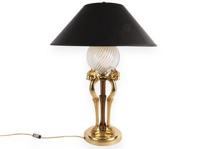 Gold-Colored Table Lamp with Panther Head Base and Glass Globe. A gold-colored table lamp 