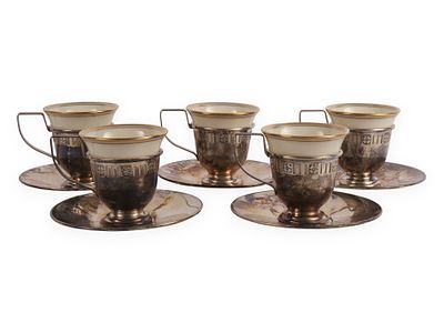 A Set of Five Wallace Sterling Silver and Lenox Demitasse Cup and Saucer Sets. A set of five 