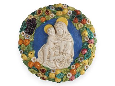 Della Robbia Style Polychrome Glazed Ceramic Madonna and Child Wall Plaque. A polychrome glazed 