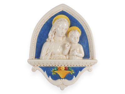 A 20th Century Della Robbia Style Glazed Ceramic Madonna and Child Wall Plaque. A 20th Century 