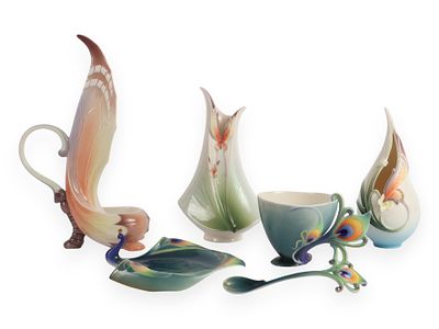 A Collection of Franz Porcelain Peacock and Butterfly Themed Decorative Wares. A collection of 