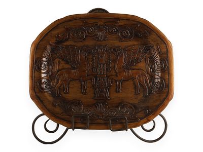 A Modern Octagonal Carved Wood Decorative Tray with Winged Lion Motif, Made in China. An 
