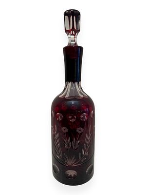 Bohemian Ruby Red Cut-to-Clear Glass Decanter. This ruby red cut-to-clear glass decanter 