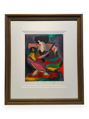 Linda Le Kinff Serigraph, Seated Woman with Instrument. A serigraph by Linda Le Kinff depicting 