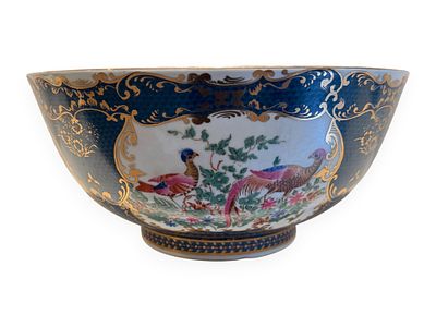A Modern Chinese Porcelain Punch Bowl in 18th Century Worcester-Style 'Blue Scale' and 'Exotic 