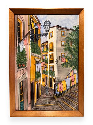 Outeiro Agueda, Lisboa Portugal Alfama Antiga Hand-Painted Ceramic Tile Panel, Dated 1985. A 