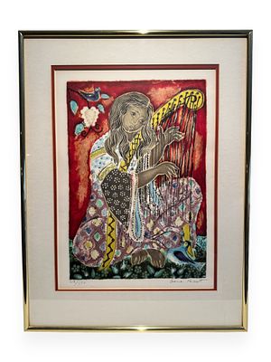 Irene Awret (Israeli/German, 20th Century), 'The Harp Player, ' Signed and Numbered Lithograph 