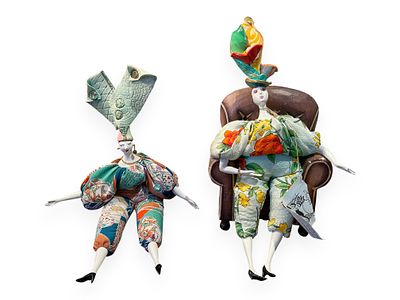 A Pair of Poupées Isabelle Decorative Art Dolls by Diane Garrison. A pair of highly stylized 