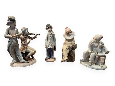 A Collection of Five Lladro Porcelain Clown Figurines, Including 'Circus Concert' (Model 5856). A 