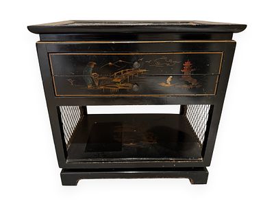 Vintage Chinoiserie Black Lacquered Two-Drawer Side Table. A vintage Chinoiserie black lacquered 
